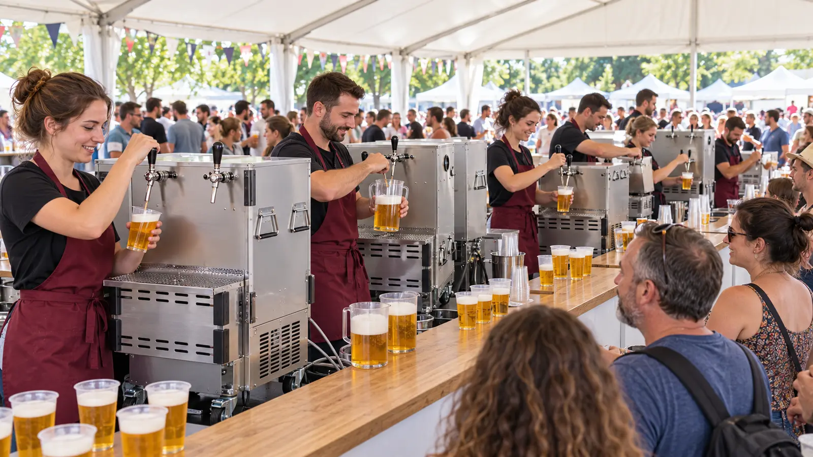 Plusieurs tireuses à bière grand débit utilisées par une équipe de service sous un chapiteau de festival