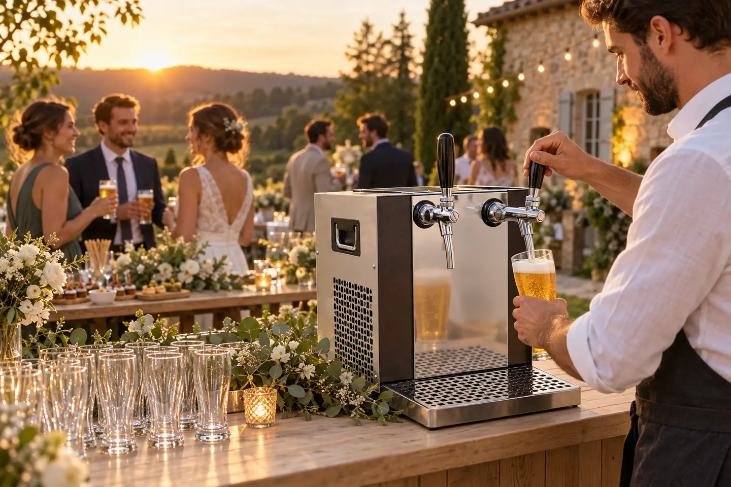 Service de bière pression avec une tireuse à deux becs lors d'un apéritif de mariage