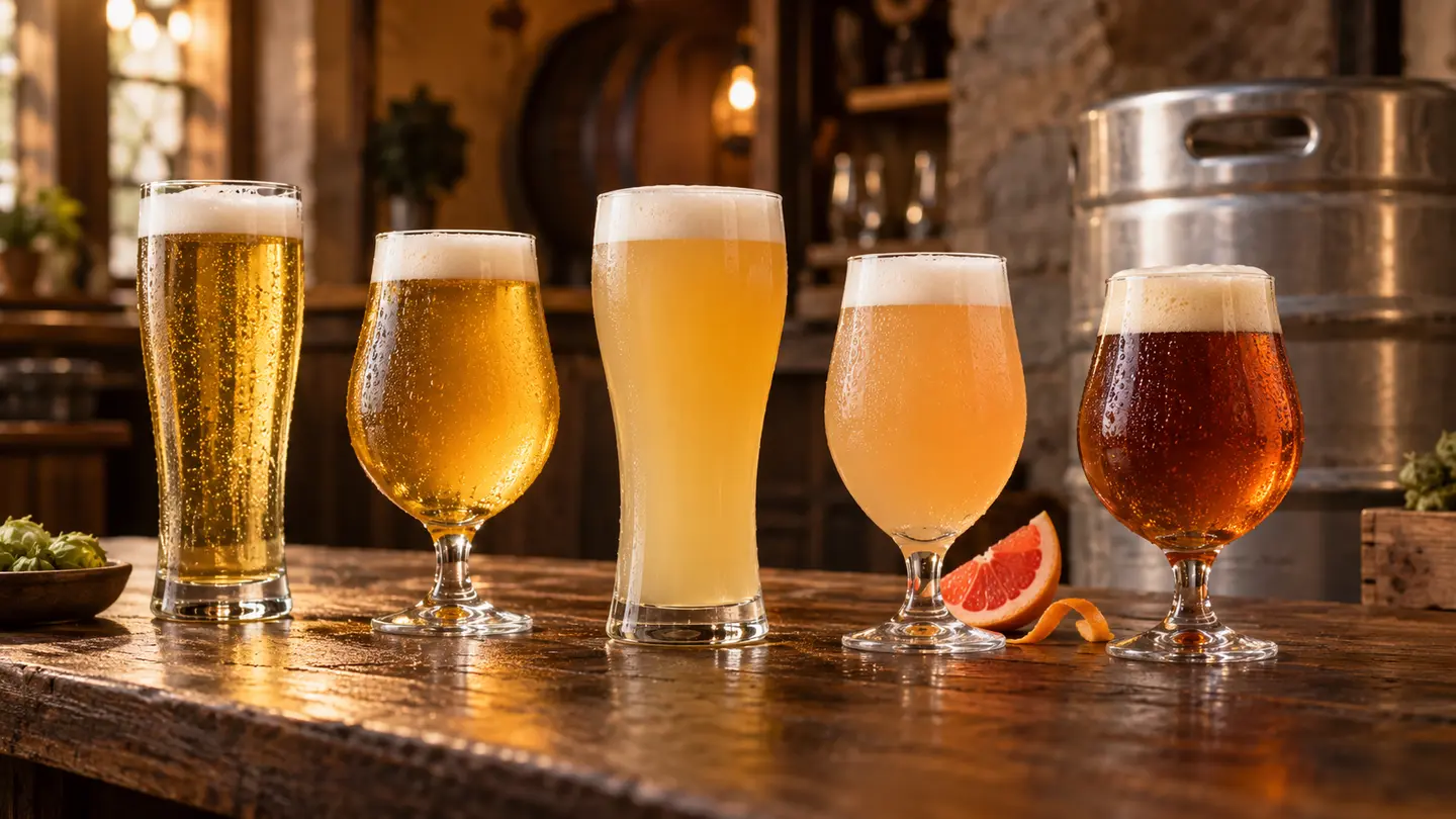 Verres illustrant la diversité des bières blondes, blanches, fruitées et ambrées proposées en fût